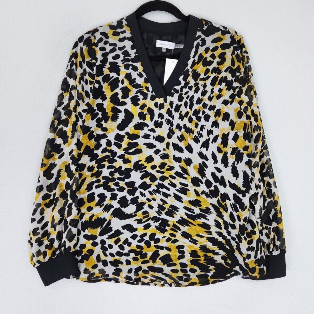 Calvin Klein Shirt Womens Small Black White Yellow Leopard Print Blouse NEW